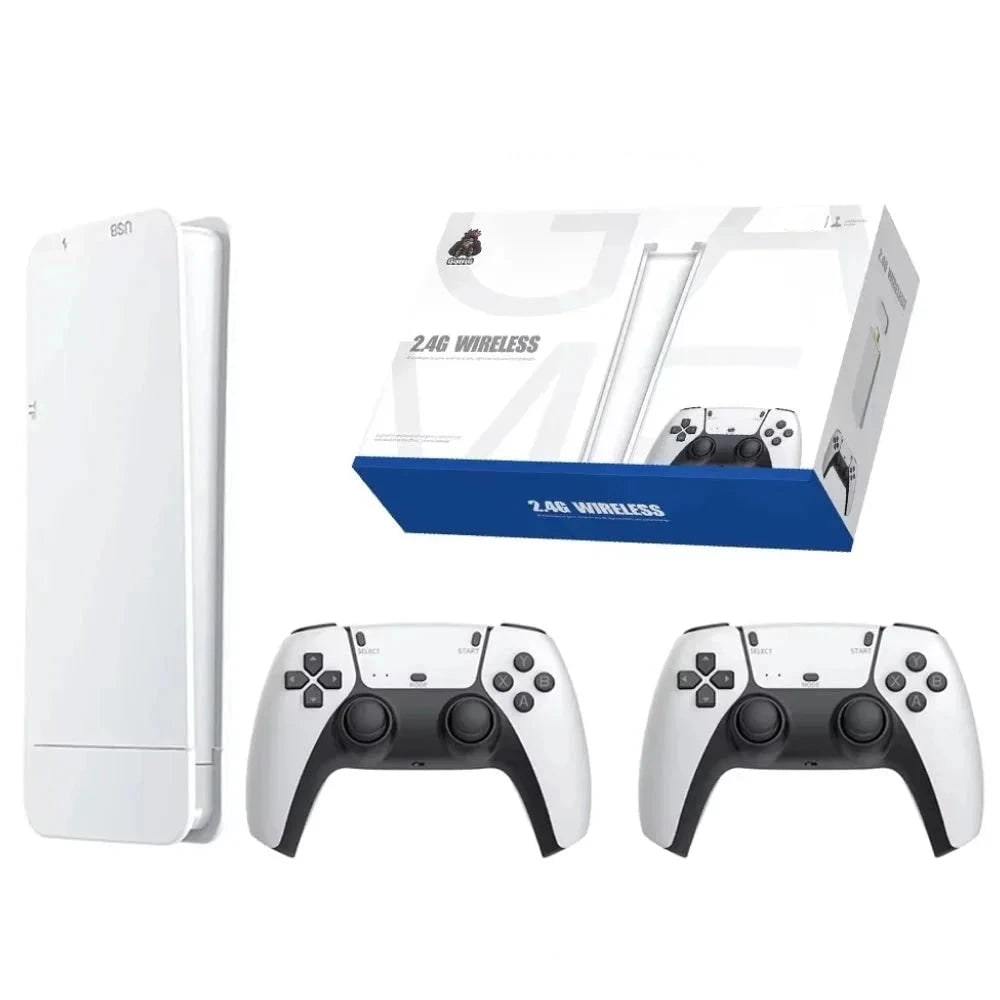 4K Retro Game Console featuring dual wireless controllers and HDMI output, perfect for classic gaming enthusiasts. 0